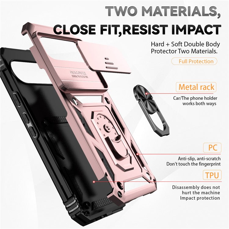 For Google Pixel 9 Pro XL Case Rugged PC+TPU Phone Protector with Slide Camera Cover / Kickstand - Rose Gold