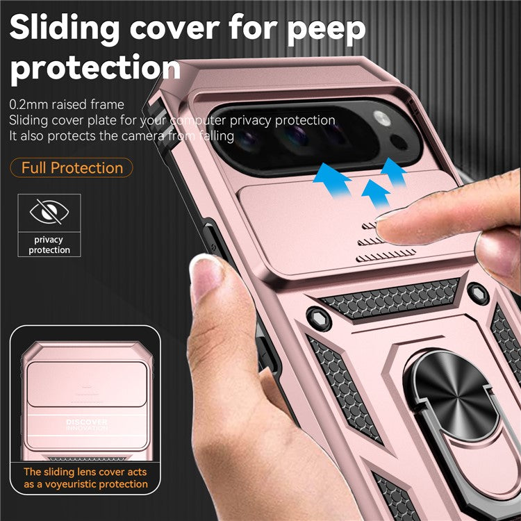For Google Pixel 9 Pro XL Case Rugged PC+TPU Phone Protector with Slide Camera Cover / Kickstand - Rose Gold