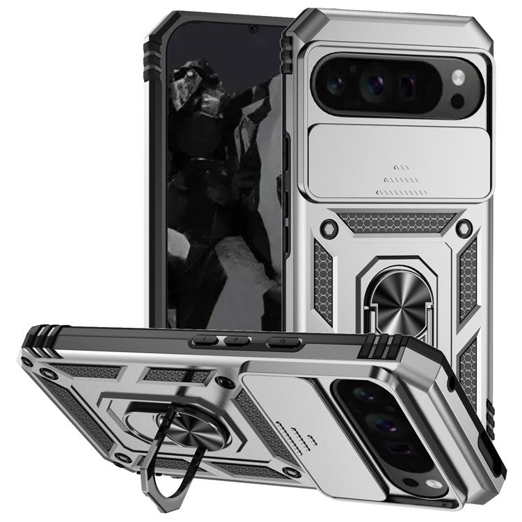 For Google Pixel 9 Pro XL Case Rugged PC+TPU Phone Protector with Slide Camera Cover / Kickstand - Silver