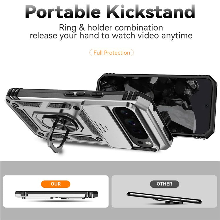 For Google Pixel 9 Pro XL Case Rugged PC+TPU Phone Protector with Slide Camera Cover / Kickstand - Silver