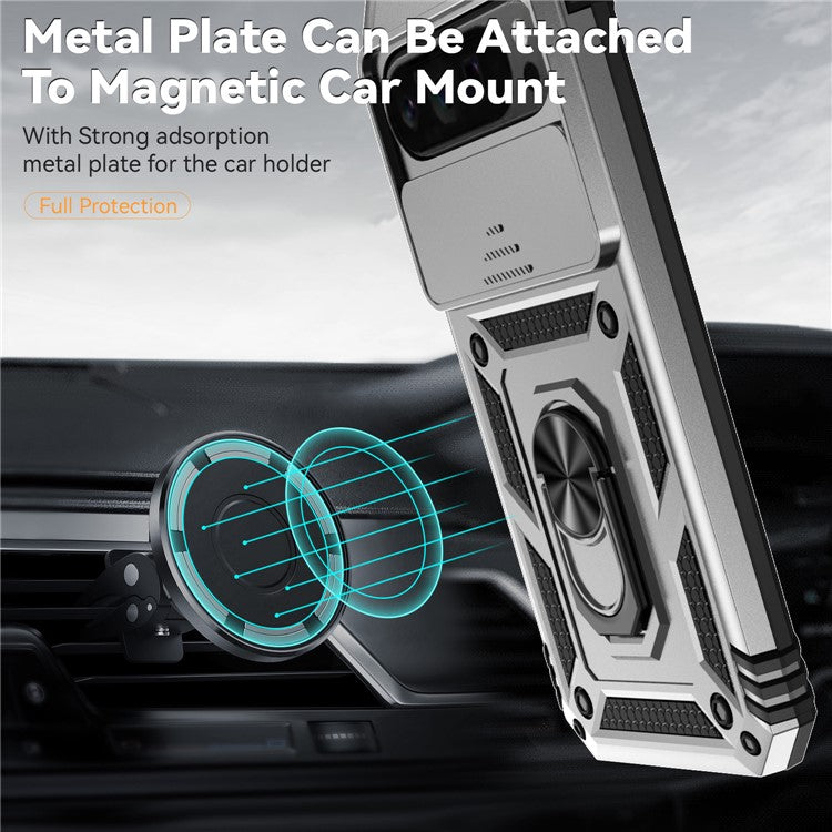 For Google Pixel 9 Pro XL Case Rugged PC+TPU Phone Protector with Slide Camera Cover / Kickstand - Silver