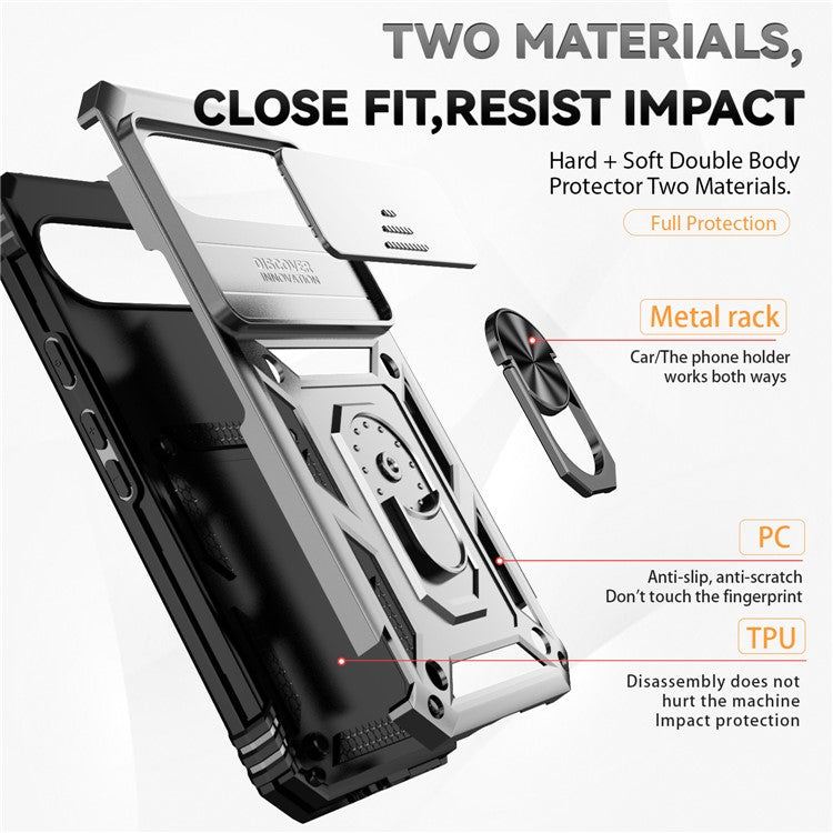 For Google Pixel 9 Pro XL Case Rugged PC+TPU Phone Protector with Slide Camera Cover / Kickstand - Silver