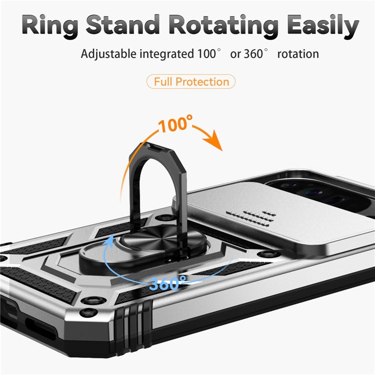 For Google Pixel 9 Pro XL Case Rugged PC+TPU Phone Protector with Slide Camera Cover / Kickstand - Silver