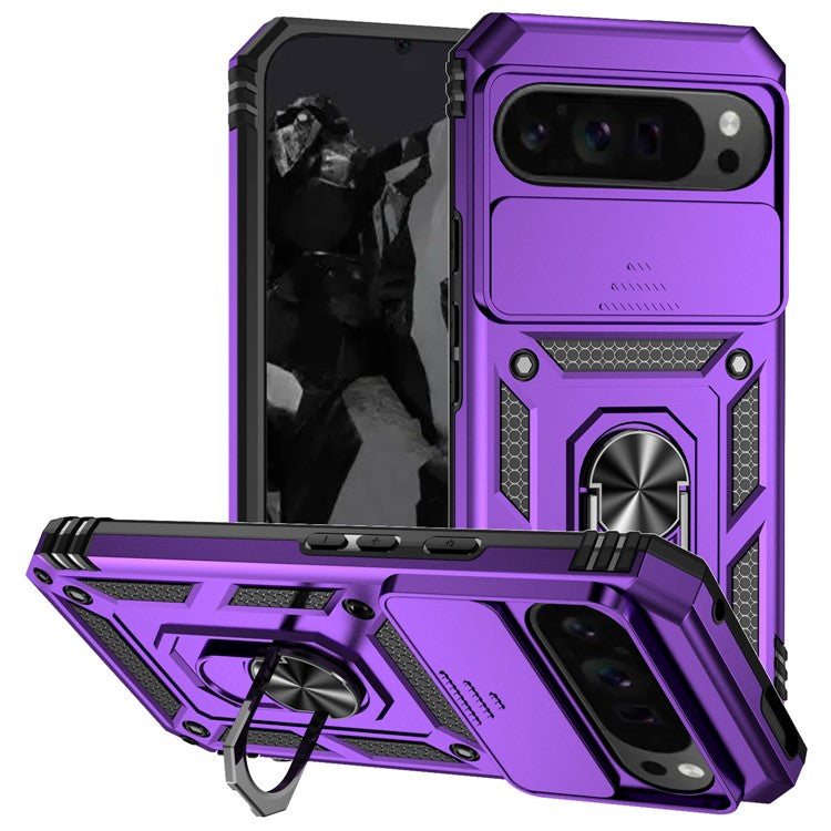 For Google Pixel 9 Pro XL Case Rugged PC+TPU Phone Protector with Slide Camera Cover / Kickstand - Purple