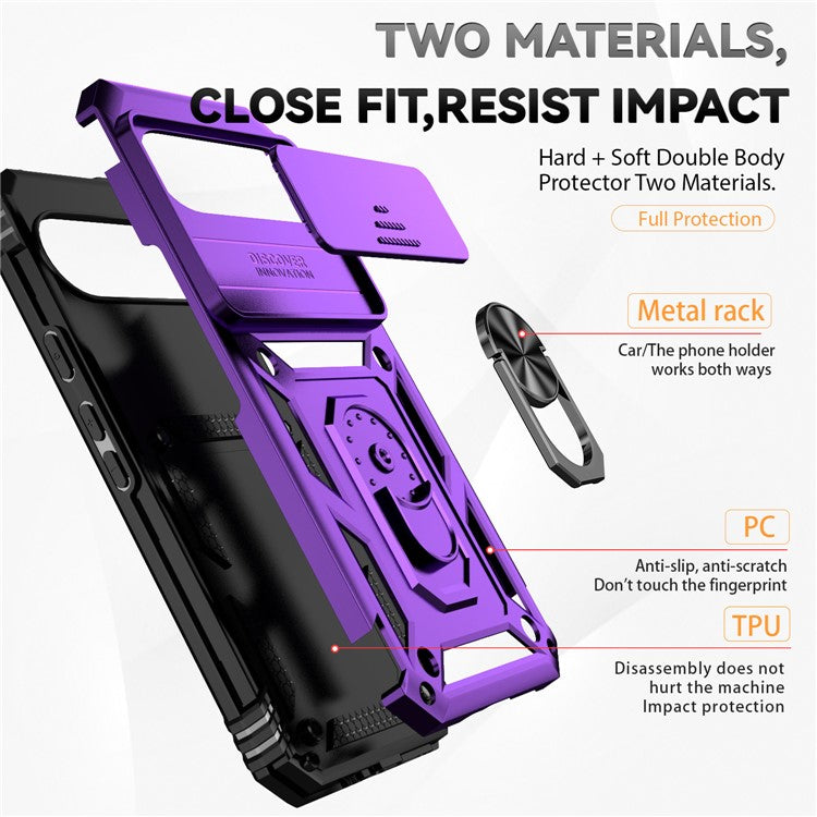 For Google Pixel 9 Pro XL Case Rugged PC+TPU Phone Protector with Slide Camera Cover / Kickstand - Purple