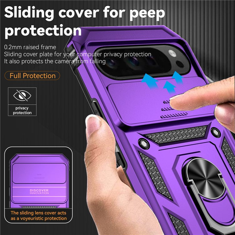For Google Pixel 9 Pro XL Case Rugged PC+TPU Phone Protector with Slide Camera Cover / Kickstand - Purple
