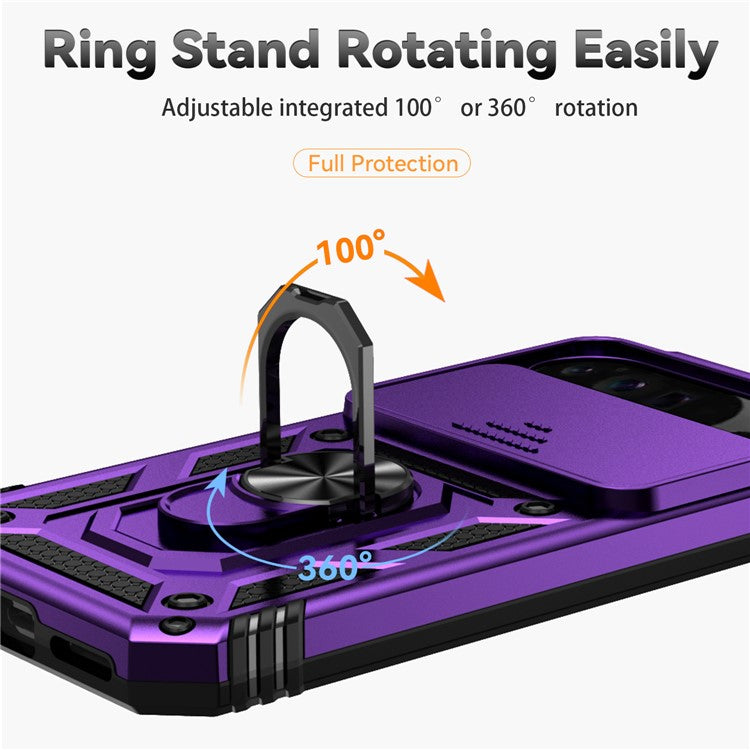 For Google Pixel 9 Pro XL Case Rugged PC+TPU Phone Protector with Slide Camera Cover / Kickstand - Purple