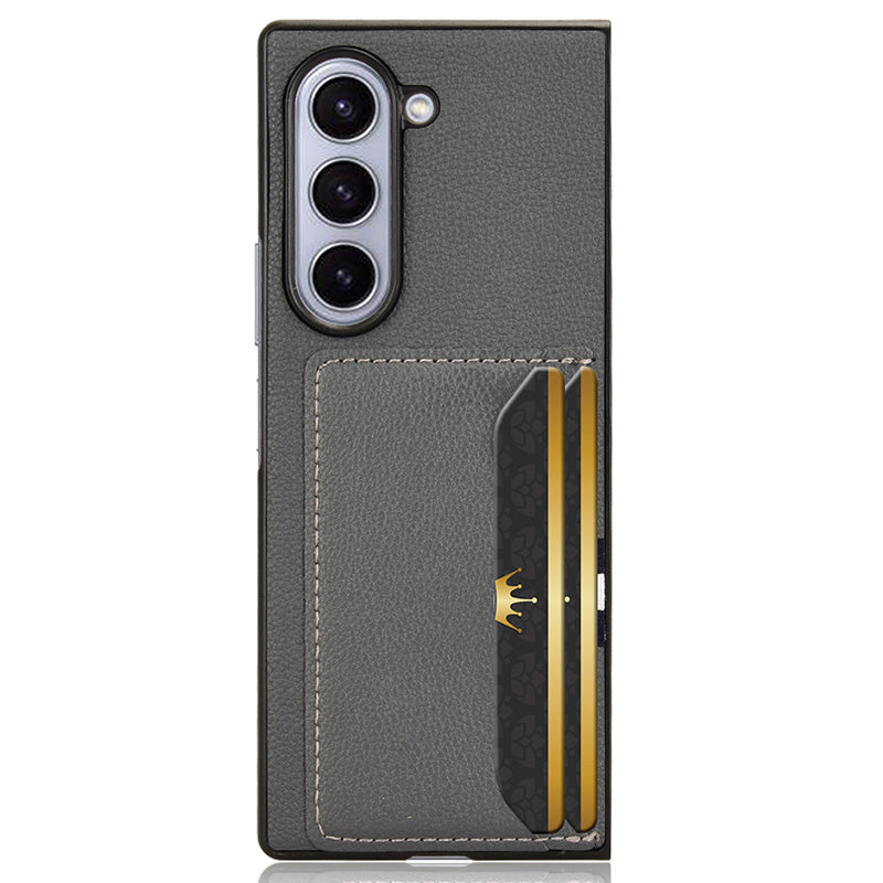 For Samsung Galaxy Z Fold6 5G Case Card Holder Litchi Texture Leather+PC Folding Phone Cover - Grey
