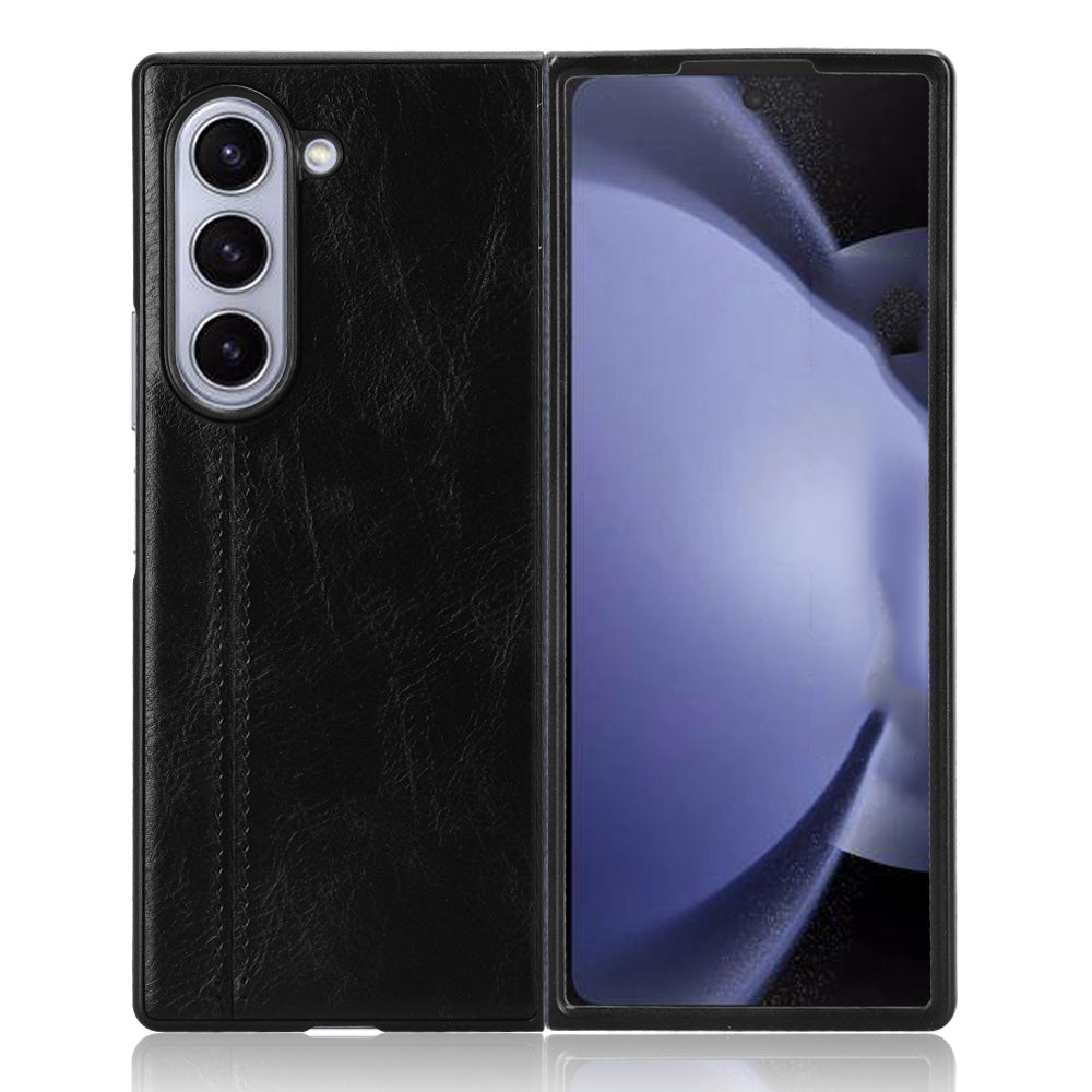 For Samsung Galaxy Z Fold6 5G Case Cowhide Texture Leather+PC Phone Cover Stitching Lines - Black