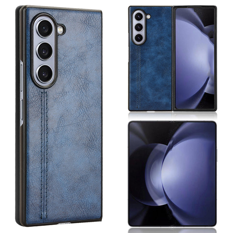 For Samsung Galaxy Z Fold6 5G Case Cowhide Texture Leather+PC Phone Cover Stitching Lines - Blue