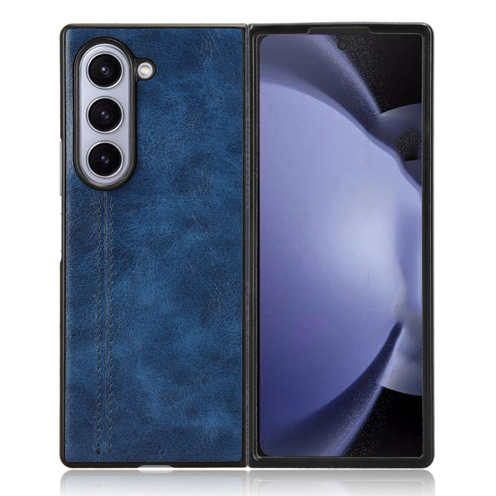 For Samsung Galaxy Z Fold6 5G Case Cowhide Texture Leather+PC Phone Cover Stitching Lines - Blue