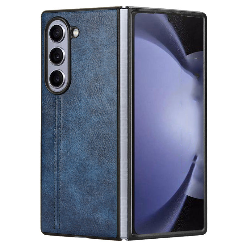 For Samsung Galaxy Z Fold6 5G Case Cowhide Texture Leather+PC Phone Cover Stitching Lines - Blue