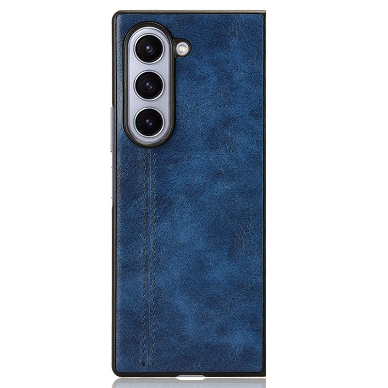 For Samsung Galaxy Z Fold6 5G Case Cowhide Texture Leather+PC Phone Cover Stitching Lines - Blue