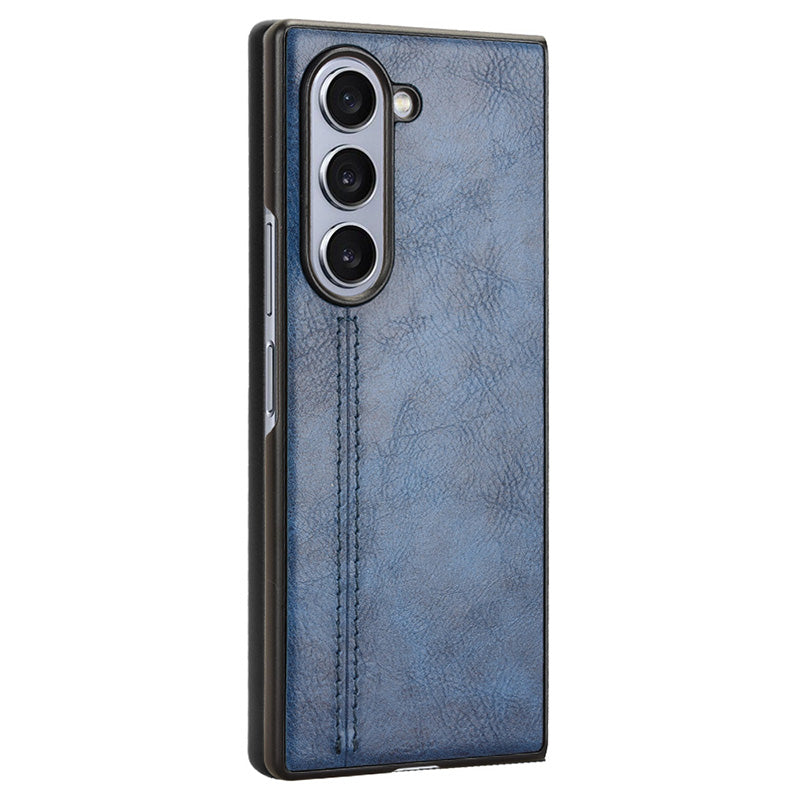 For Samsung Galaxy Z Fold6 5G Case Cowhide Texture Leather+PC Phone Cover Stitching Lines - Blue