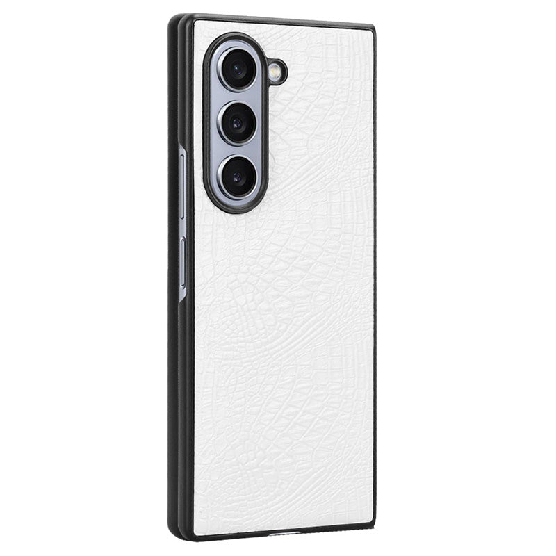 For Samsung Galaxy Z Fold6 5G Case Crocodile Texture Leather Coated Hard PC Phone Cover - White