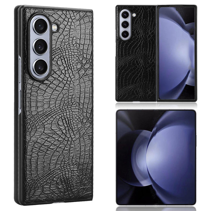 For Samsung Galaxy Z Fold6 5G Case Crocodile Texture Leather Coated Hard PC Phone Cover - Black