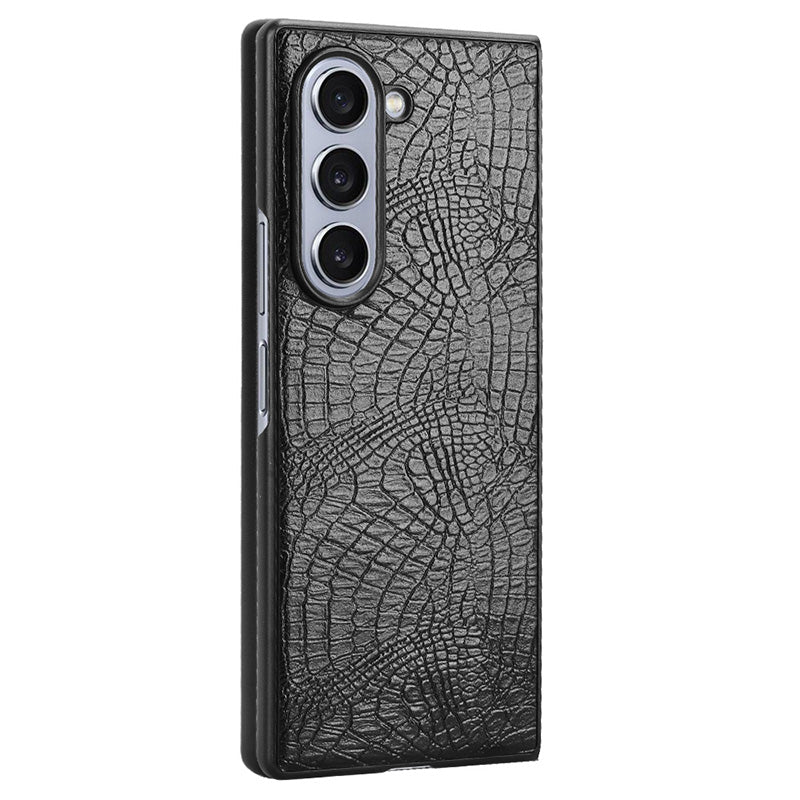 For Samsung Galaxy Z Fold6 5G Case Crocodile Texture Leather Coated Hard PC Phone Cover - Black