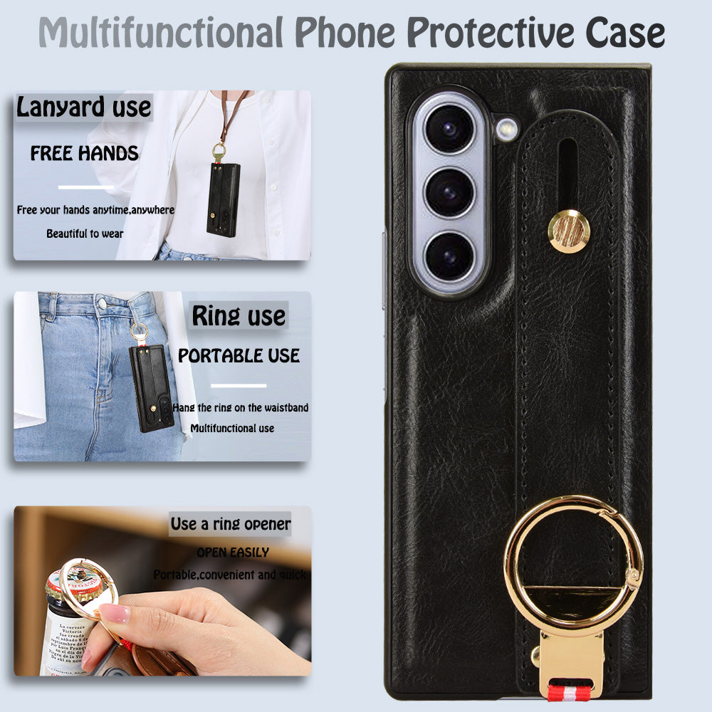 For Samsung Galaxy Z Fold6 5G Case Leather+PC+TPU Wristband Cover with Bottle Opener Ring - Black