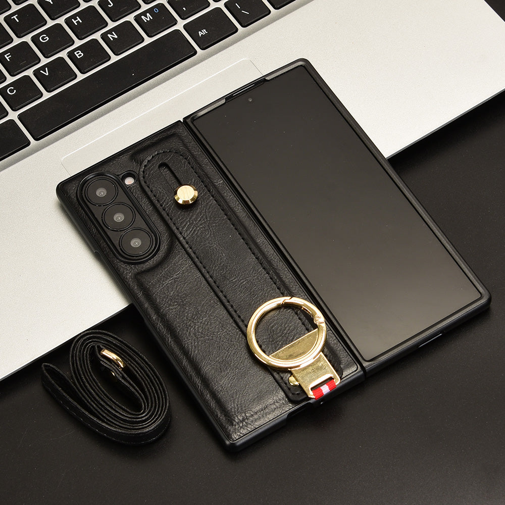 For Samsung Galaxy Z Fold6 5G Case Leather+PC+TPU Wristband Cover with Bottle Opener Ring - Black