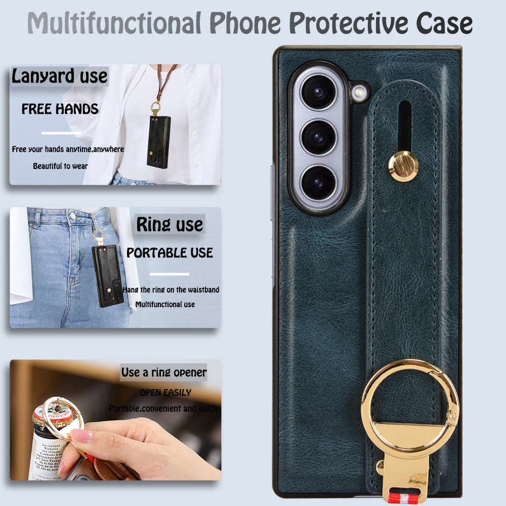 For Samsung Galaxy Z Fold6 5G Case Leather+PC+TPU Wristband Cover with Bottle Opener Ring - Blue