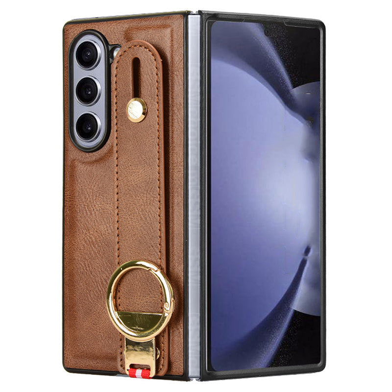 For Samsung Galaxy Z Fold6 5G Case Leather+PC+TPU Wristband Cover with Bottle Opener Ring - Brown