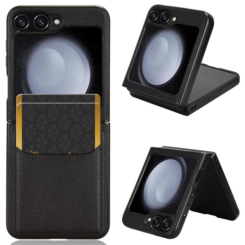For Samsung Galaxy Z Flip6 5G Case Litchi Texture Leather Coated PC Phone Cover Card Slot - Black