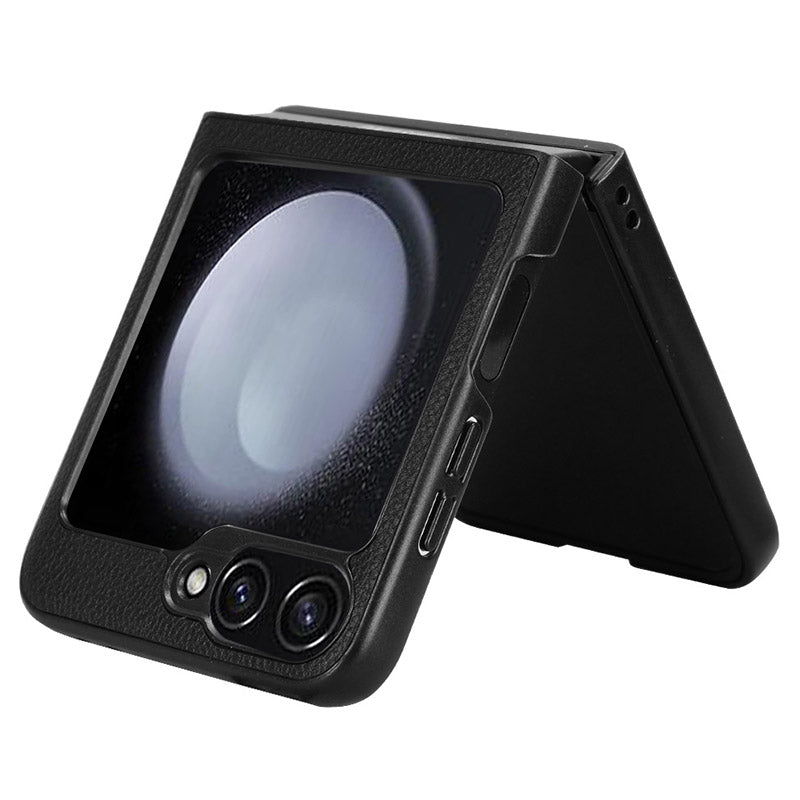 For Samsung Galaxy Z Flip6 5G Case Litchi Texture Leather Coated PC Phone Cover Card Slot - Black