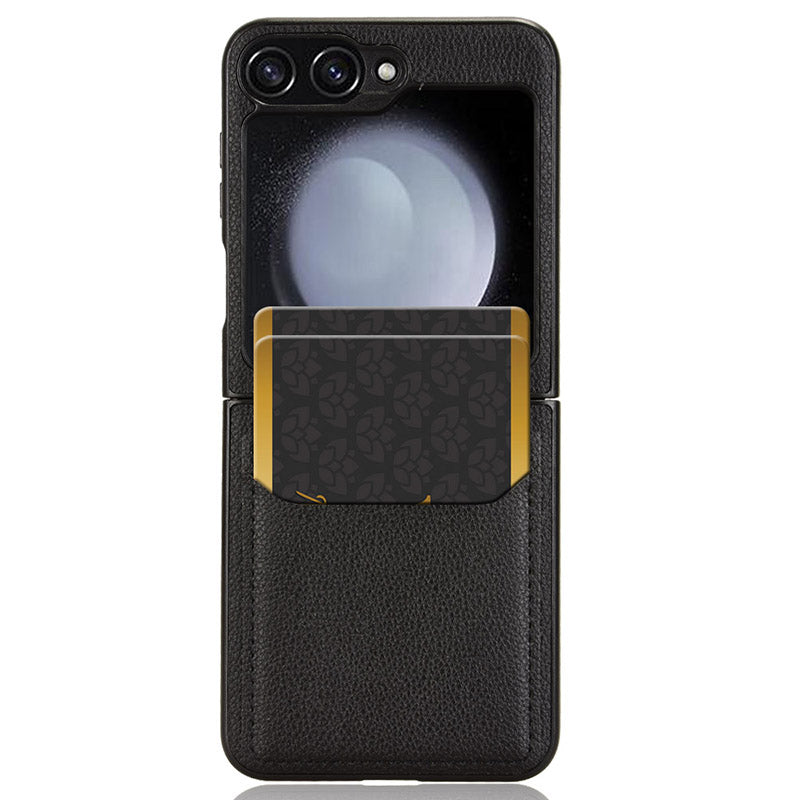 For Samsung Galaxy Z Flip6 5G Case Litchi Texture Leather Coated PC Phone Cover Card Slot - Black
