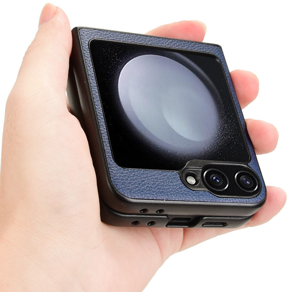 For Samsung Galaxy Z Flip7 FE 5G / Z Flip6 5G Case Litchi Texture Leather Coated PC Phone Cover Card Slot - Blue