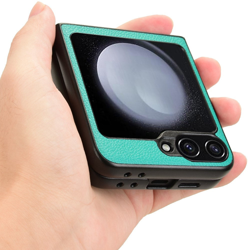 For Samsung Galaxy Z Flip7 FE 5G / Z Flip6 5G Case Litchi Texture Leather Coated PC Phone Cover Card Slot - Green