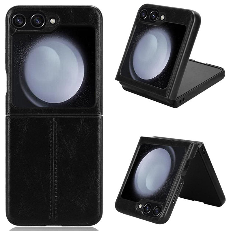 For Samsung Galaxy Z Flip6 5G Case Stitching Lines Cowhide Texture Leather Back Phone Cover - Black