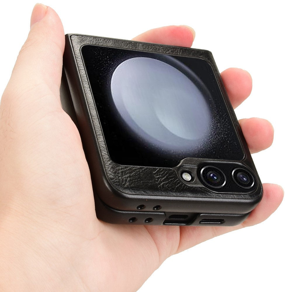 For Samsung Galaxy Z Flip7 FE 5G / Z Flip6 5G Case Stitching Lines Cowhide Texture Leather Back Phone Cover - Black