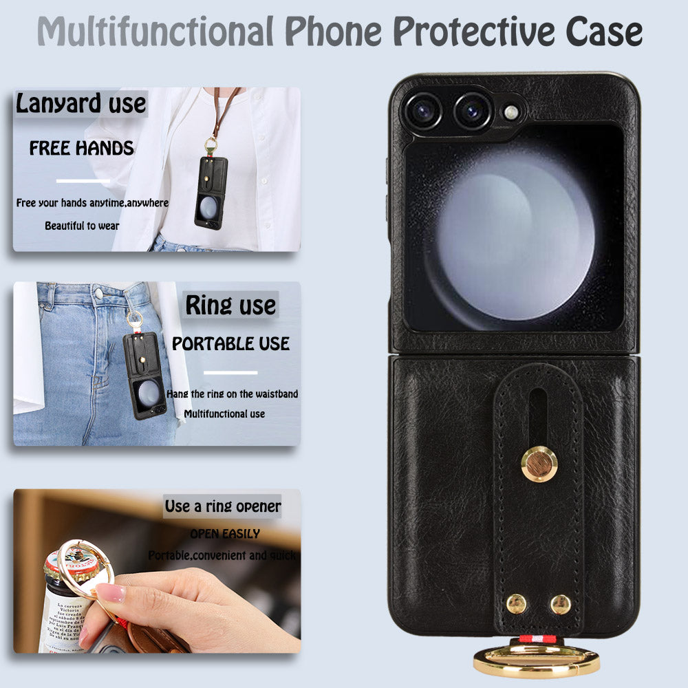 For Samsung Galaxy Z Flip6 5G Case Bottle Opener Wristband Leather+PC+TPU Phone Cover - Black