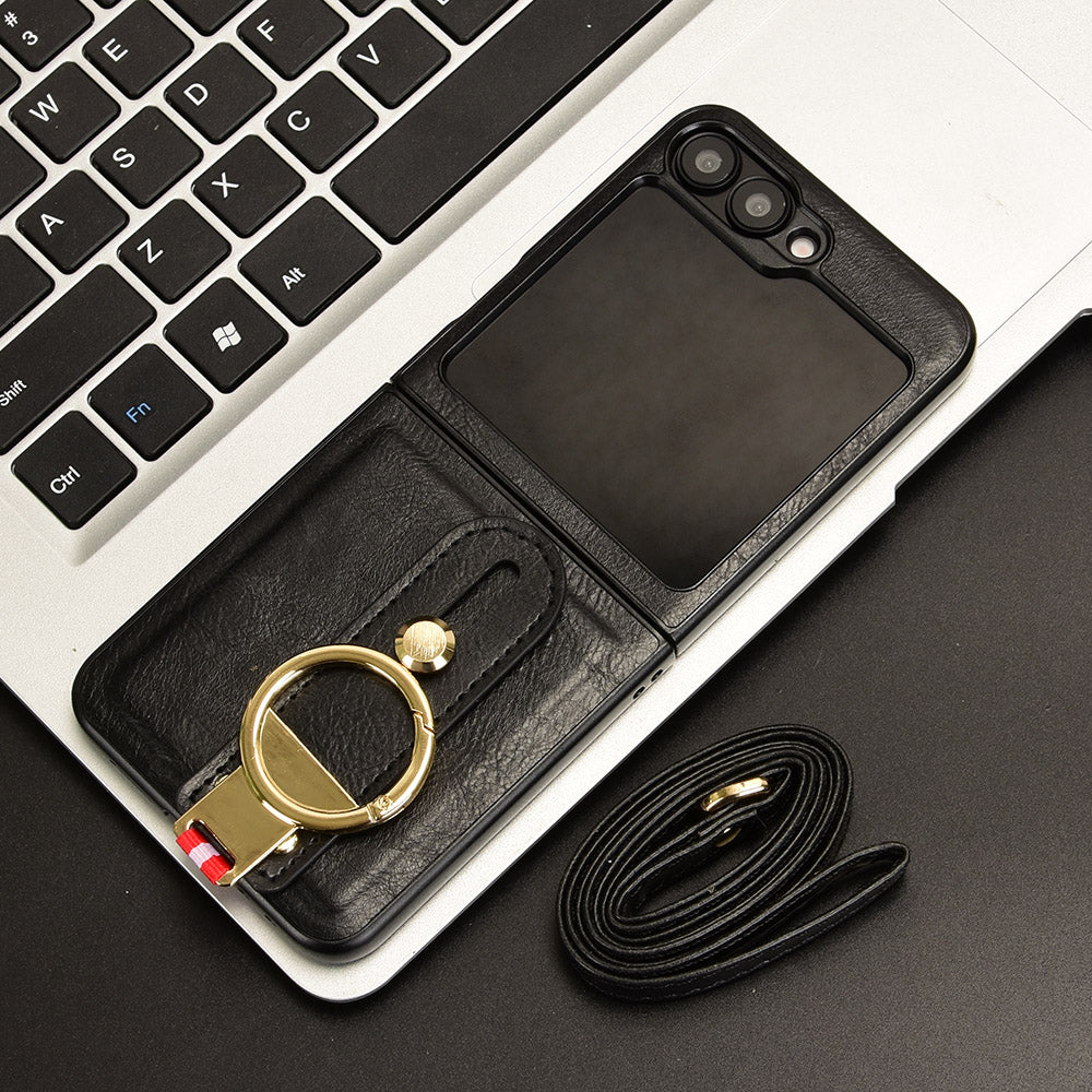 For Samsung Galaxy Z Flip6 5G Case Bottle Opener Wristband Leather+PC+TPU Phone Cover - Black