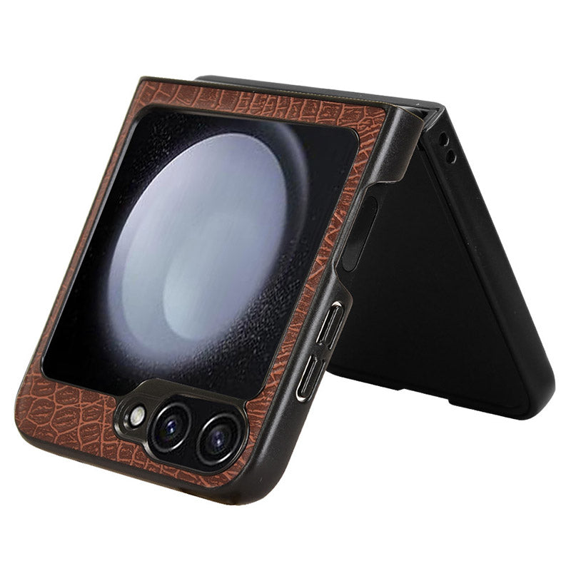 For Samsung Galaxy Z Flip6 5G Case Crocodile Texture Leather+PC Folding Phone Cover - Brown