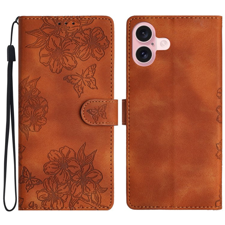 For iPhone 16 Case PU Leather Wrist Strap Card Slots Phone Cover Butterfly Flower - Brown