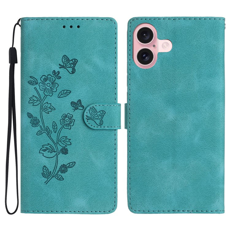 For iPhone 16 Case Imprinted Flower Leather Phone Cover Wallet with Card Holder - Sky Blue