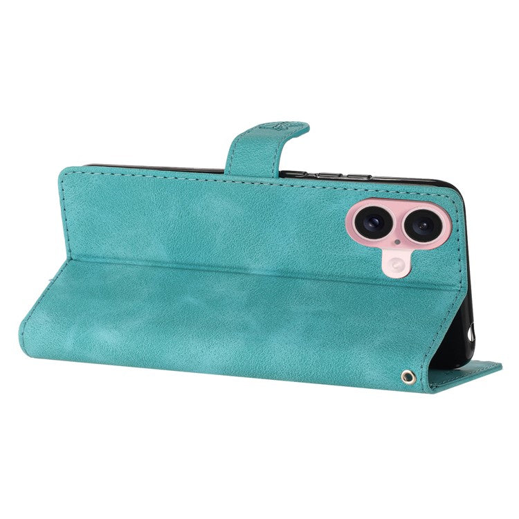 For iPhone 16 Case Imprinted Flower Leather Phone Cover Wallet with Card Holder - Sky Blue