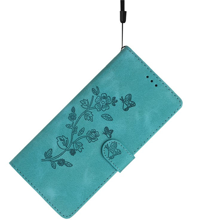 For iPhone 16 Case Imprinted Flower Leather Phone Cover Wallet with Card Holder - Sky Blue