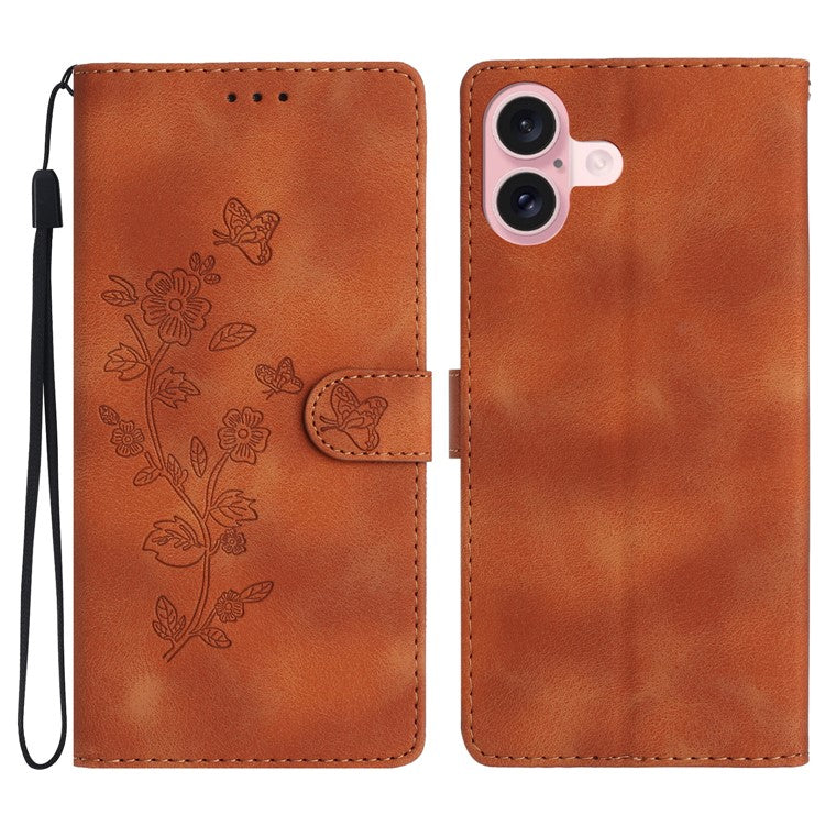 For iPhone 16 Plus Case Leather Imprinted Flower Card Slots Pocket Phone Cover with Wrist Strap - Brown