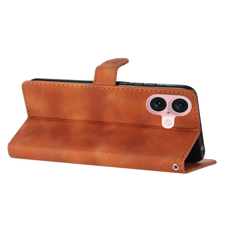 For iPhone 16 Plus Case Leather Imprinted Flower Card Slots Pocket Phone Cover with Wrist Strap - Brown