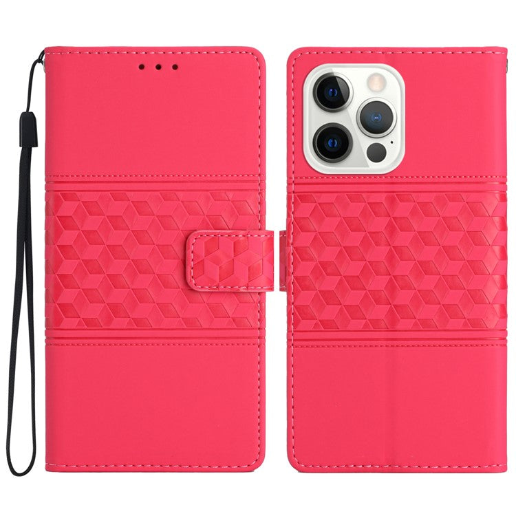 For iPhone 16 Pro Case with Card Holders Stand Flip Rhombus Pattern PU Leather Phone Cover - Rose