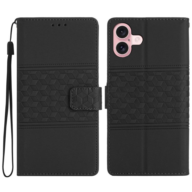 For iPhone 16 Case Rhombus Leather with TPU Inner Shell Wallet Phone Cover - Black