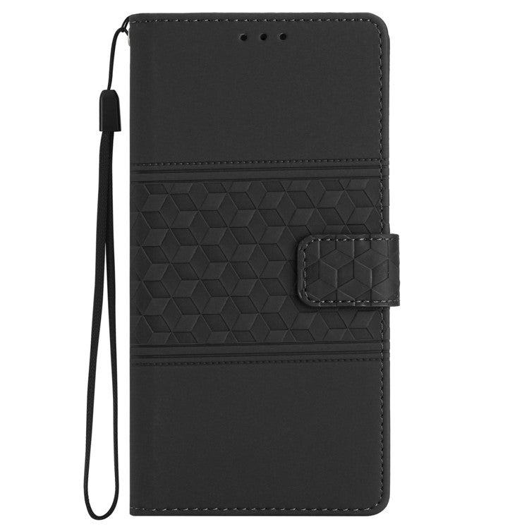 For iPhone 16 Case Rhombus Leather with TPU Inner Shell Wallet Phone Cover - Black