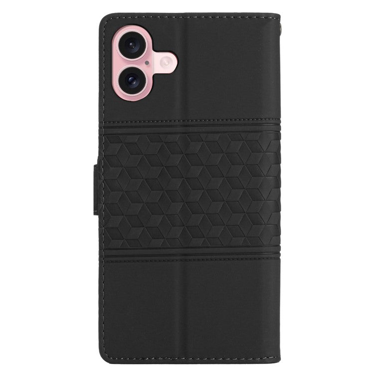 For iPhone 16 Case Rhombus Leather with TPU Inner Shell Wallet Phone Cover - Black