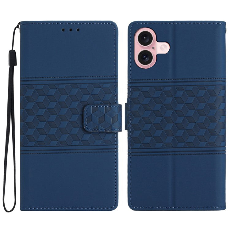 For iPhone 16 Case Rhombus Leather with TPU Inner Shell Wallet Phone Cover - Blue