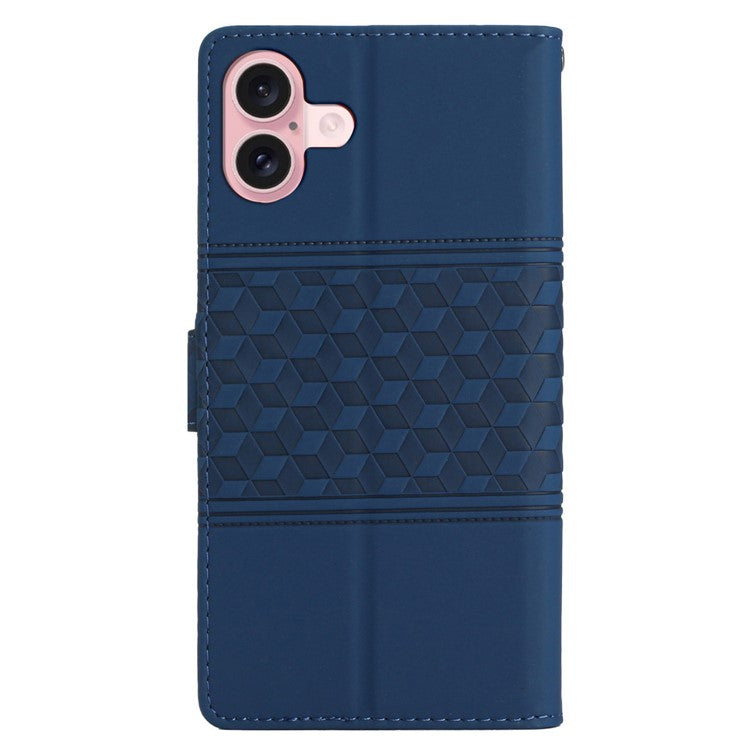 For iPhone 16 Case Rhombus Leather with TPU Inner Shell Wallet Phone Cover - Blue