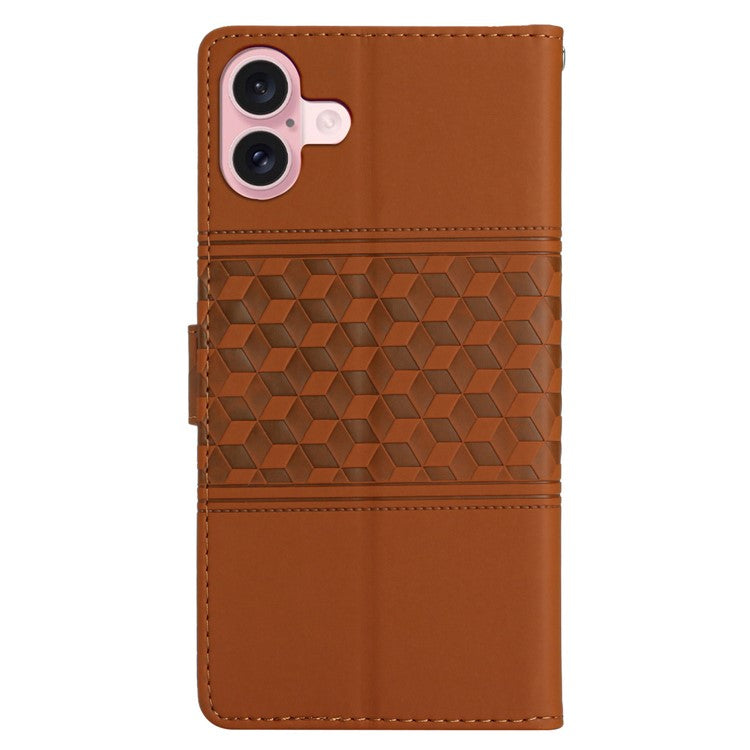 For iPhone 16 Plus Case Rhombus Leather Horizontal Flip Phone Cover - Brown
