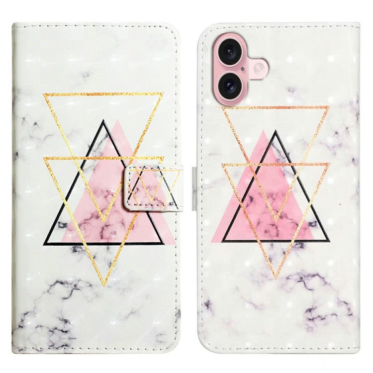 For iPhone 16 Plus Case Stand Card Holder Leather Phone Cover 3D Creative Pattern Design - Triangle Marble