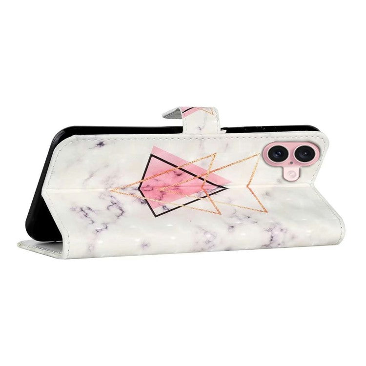For iPhone 16 Plus Case Stand Card Holder Leather Phone Cover 3D Creative Pattern Design - Triangle Marble